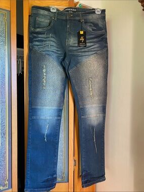 LV Premium Jean Men's Distressed Dark Blue Moto Jeans
